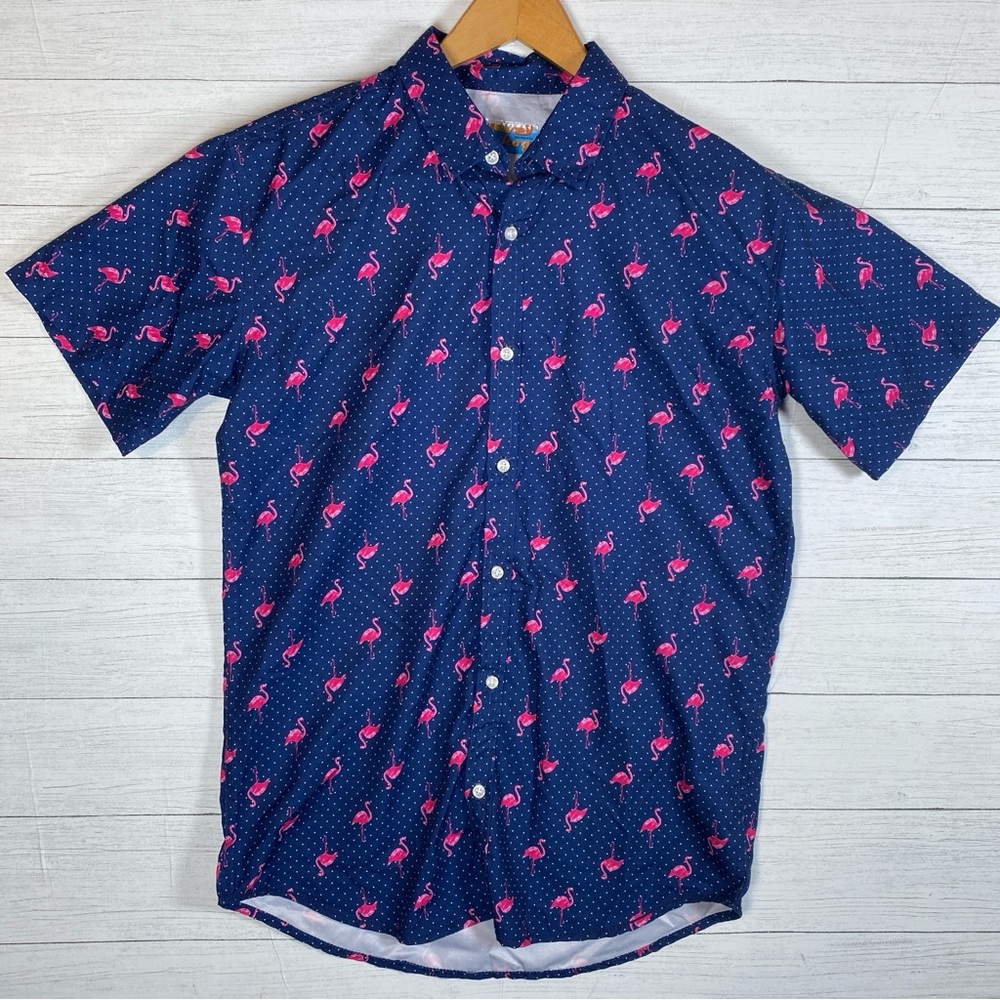 WAVE HOG Flamingo Dot all over pattern Boys XL collared shirt short sleeve Navy